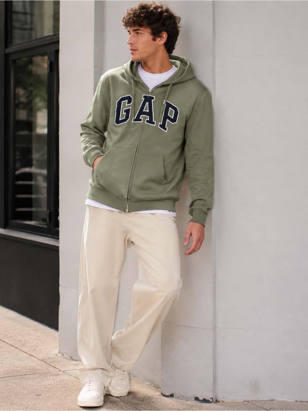 Gap Factory Men’s Sage Green Blue Logo Full Zip Hoodie Sweatshirt